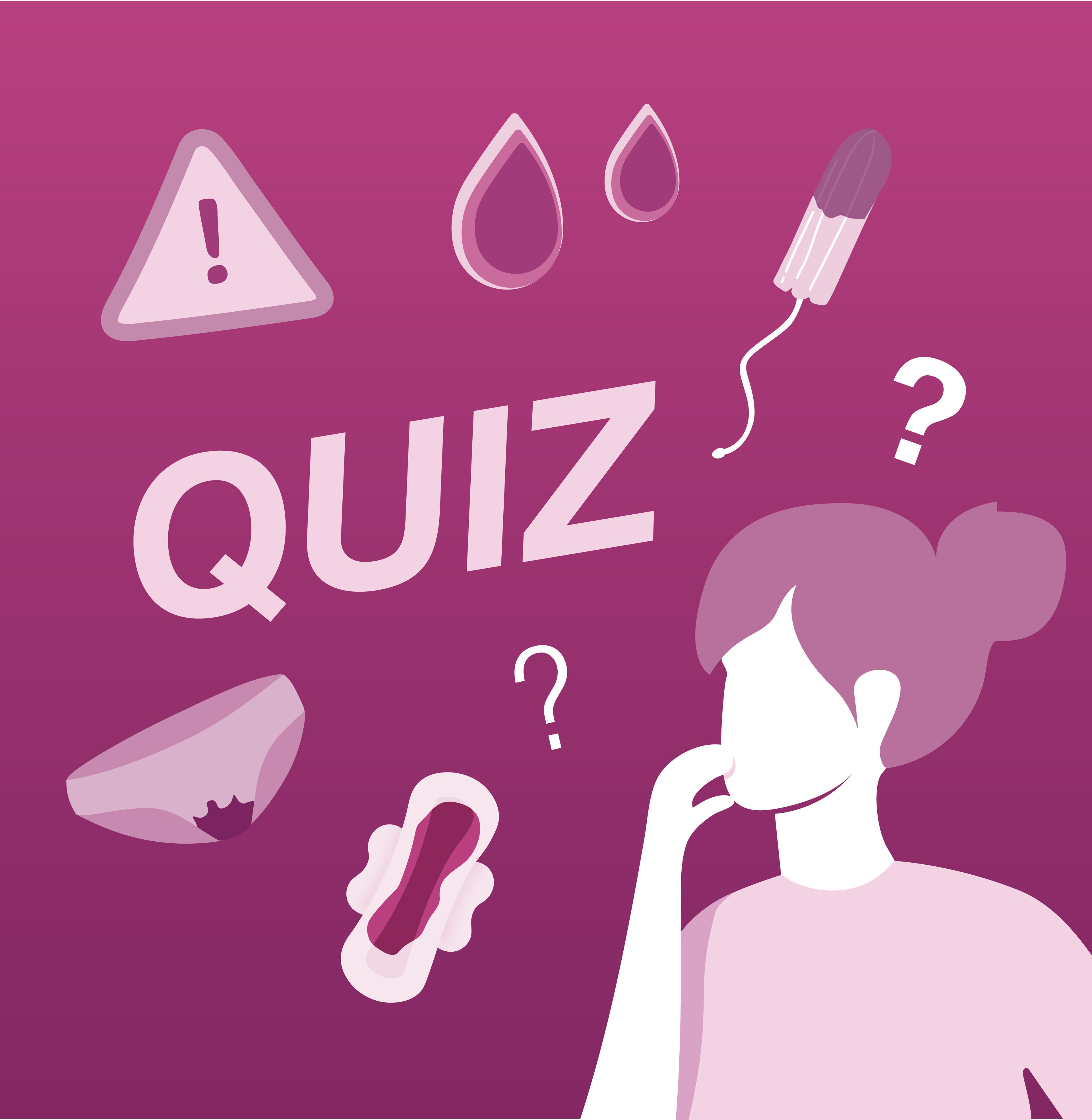 Graphical image with a display saying QUIZ and a young woman in thoughts about her period and soiled menstrual products