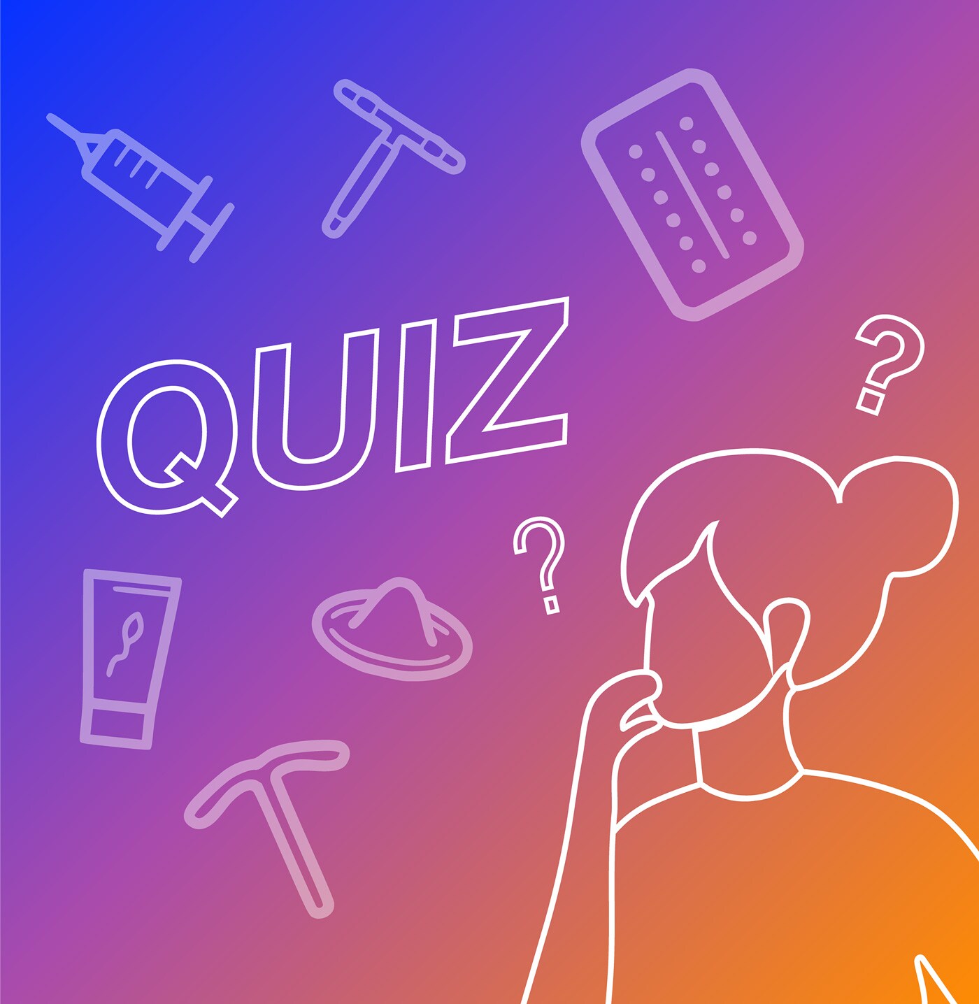 Graphical image with a display saying QUIZ and a young woman in thoughts about different contraceptive methods